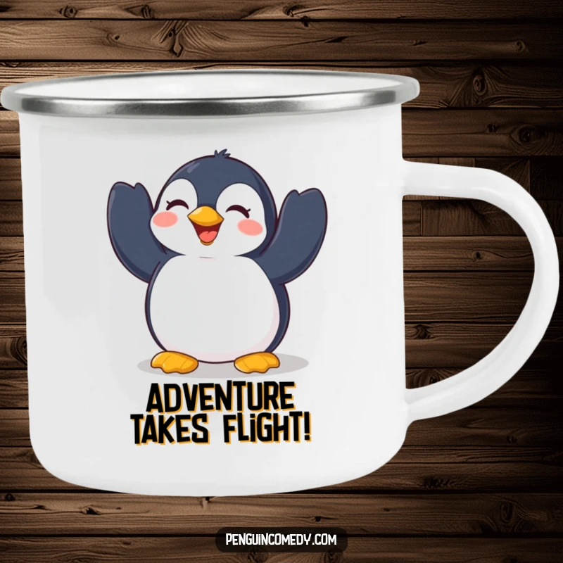 Funny Penguin Camping Mug: A cheerful penguin flapping its wings with pure delight, ideal for enjoying beverages during outdoor adventures.