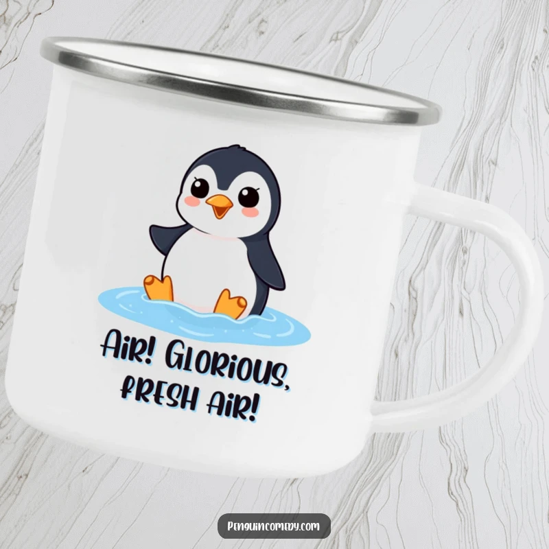 Funny penguin camping mug featuring an excited penguin squawking as it surfaces from the ocean, perfect for hot drinks outdoors.