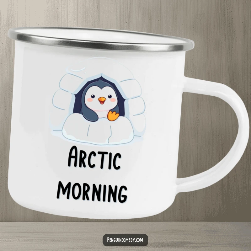 Funny Penguin Camping Mug: a cheerful penguin peeking from an igloo, perfect for outdoor arctic charm.
