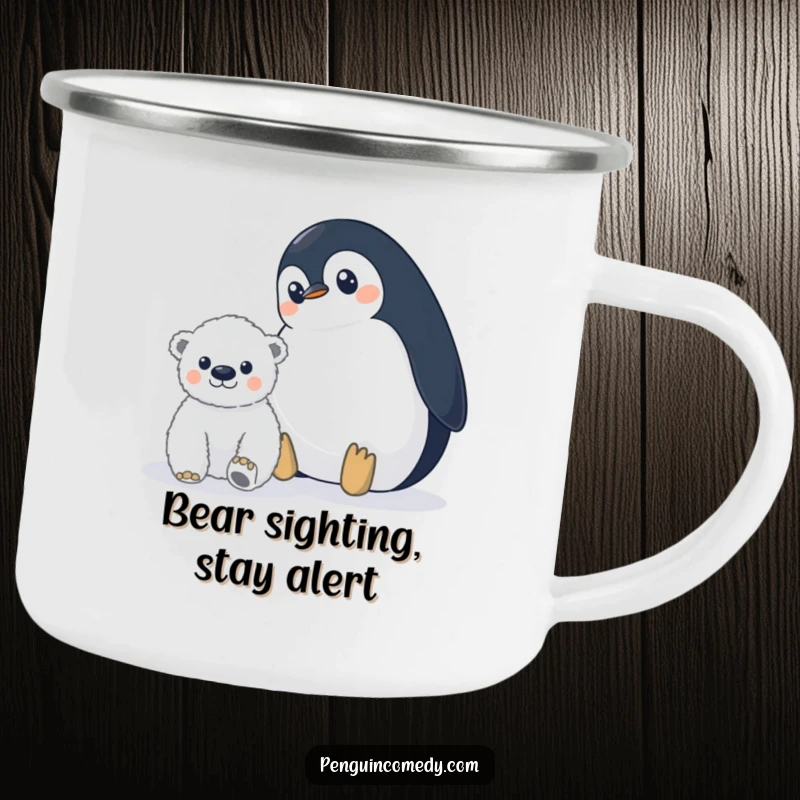 Funny penguin camping mug featuring a wide-eyed penguin watching a distant polar bear cub, perfect for hot drinks during outdoor adventures.