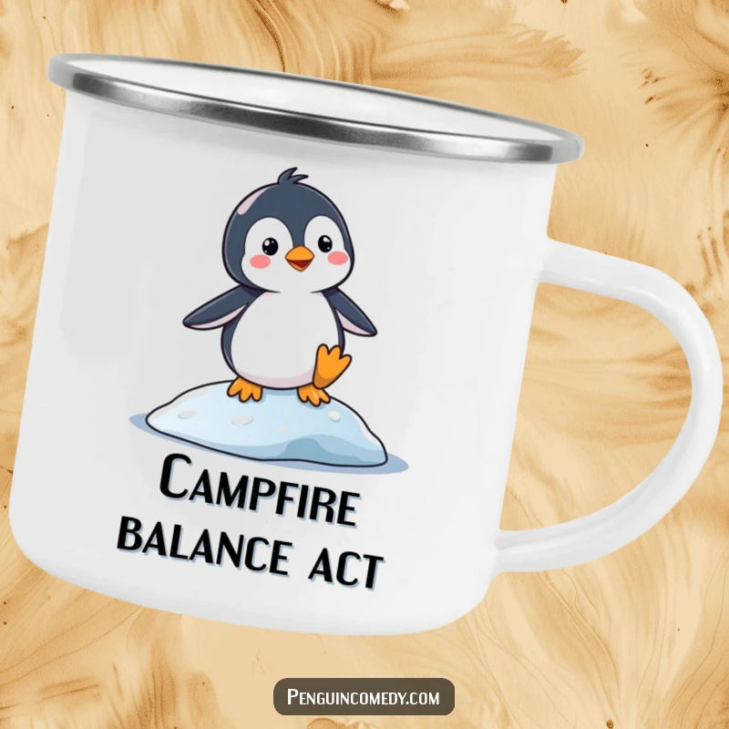 Funny Camping Mug: A silly penguin balancing precariously on a slippery surface. Rugged and humorous for outdoor enthusiasts.