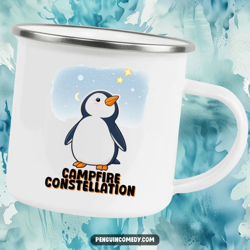 Funny camping mug featuring a penguin looking at a starry night, great for outdoor enthusiasts.