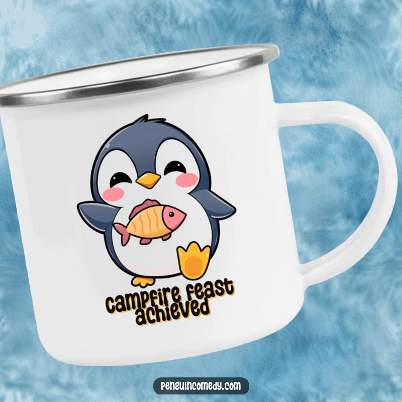 Funny camping mug with a delighted penguin proudly holding a fish icon, perfect for nature lovers.