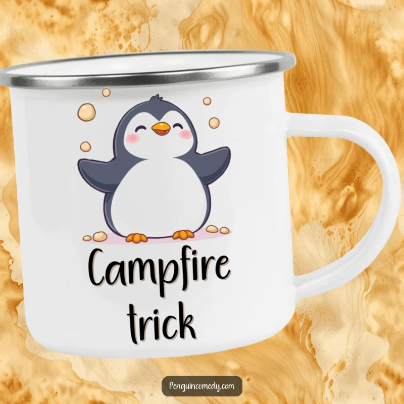 Funny camping mug with a happy penguin juggling pebbles, perfect for sipping drinks around the campfire with a cheerful vibe.