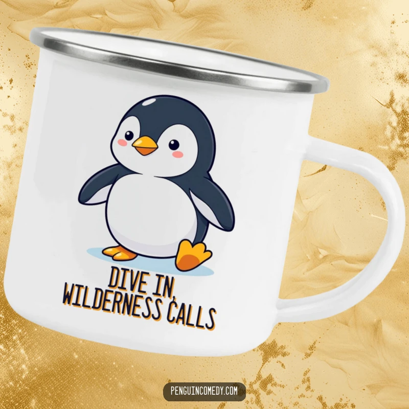 Funny penguin camping mug featuring a penguin in an alert stance, ready to dive, perfect for hot drinks during outdoor adventures.