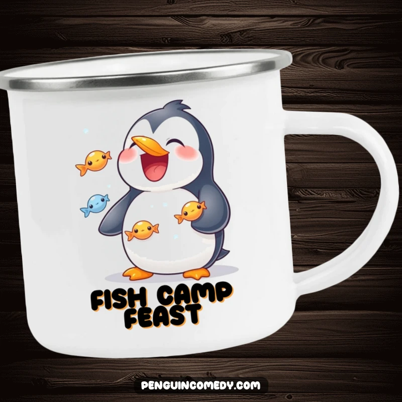 Funny camping mug showing a grinning penguin juggling shiny fish, perfect for outdoor enjoyment.