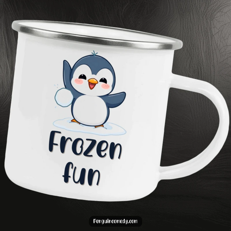 Funny camping mug with a determined penguin throwing a snowball, perfect for sipping drinks around the campfire with a smile.