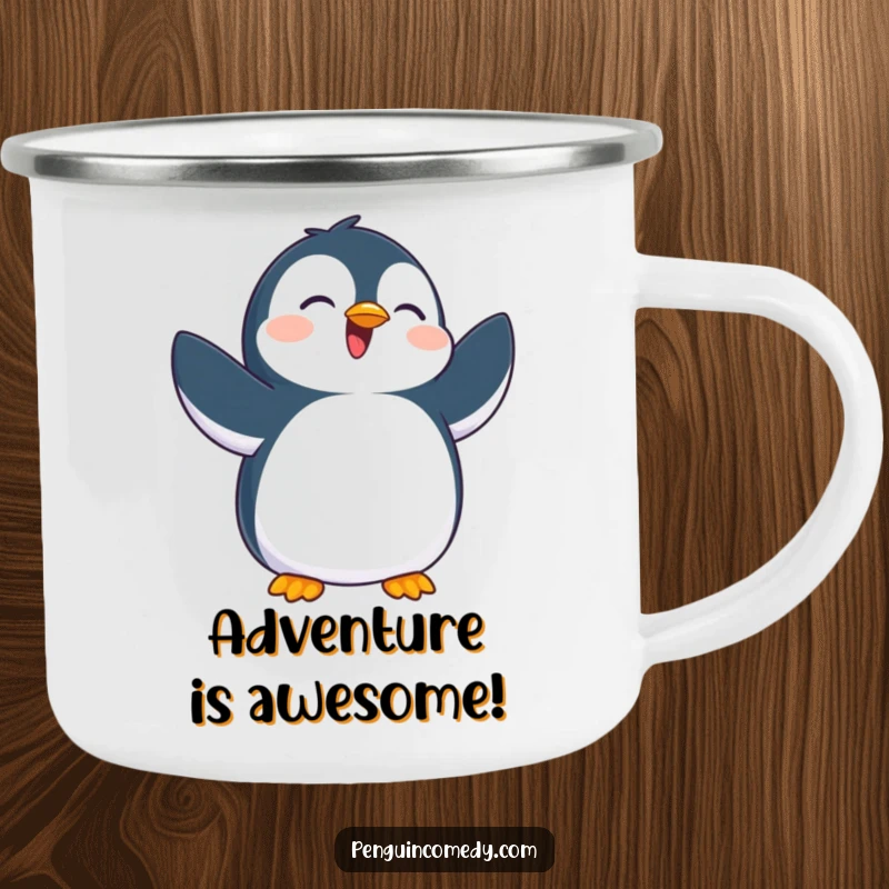 Funny camping mug showing a jubilant penguin flapping flippers, perfect for enjoying drinks outdoors with a dose of infectious joy.