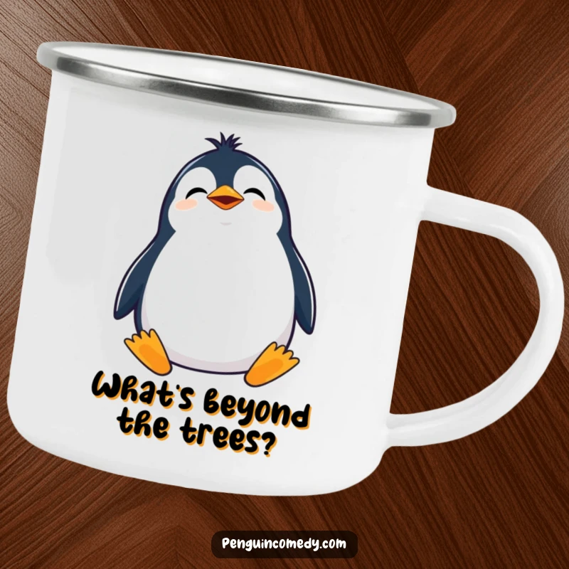 Funny camping mug featuring a giggling penguin with its head tilted, looking curiously upwards, ready for the outdoors.
