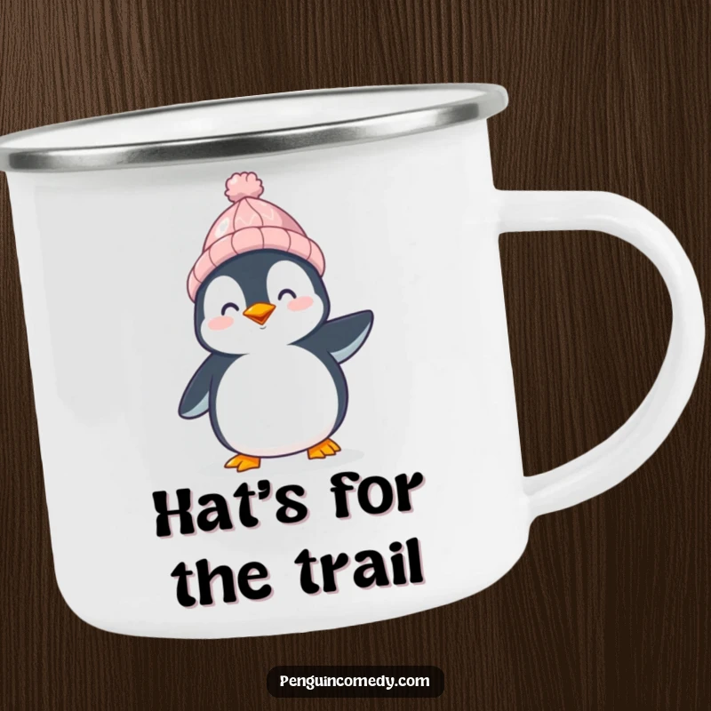 Funny Penguin Camping Mug: A happy penguin in a hat waddles, ready for arctic adventures, durable and funny gift.