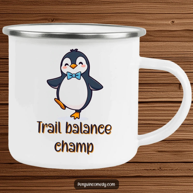 Funny camping mug showcasing a sophisticated penguin with a bow tie balancing, perfect for stylish outdoor sipping.