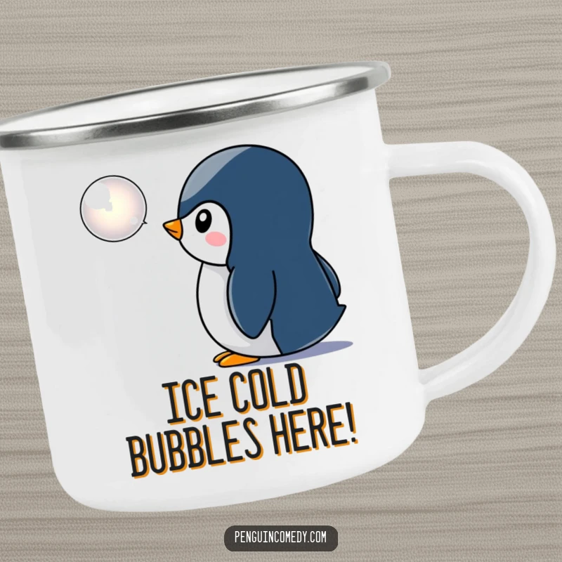 Funny penguin camping mug, showing a curious penguin captivated by a bubble, ideal for humorous outdoor adventures and cozy drinks.