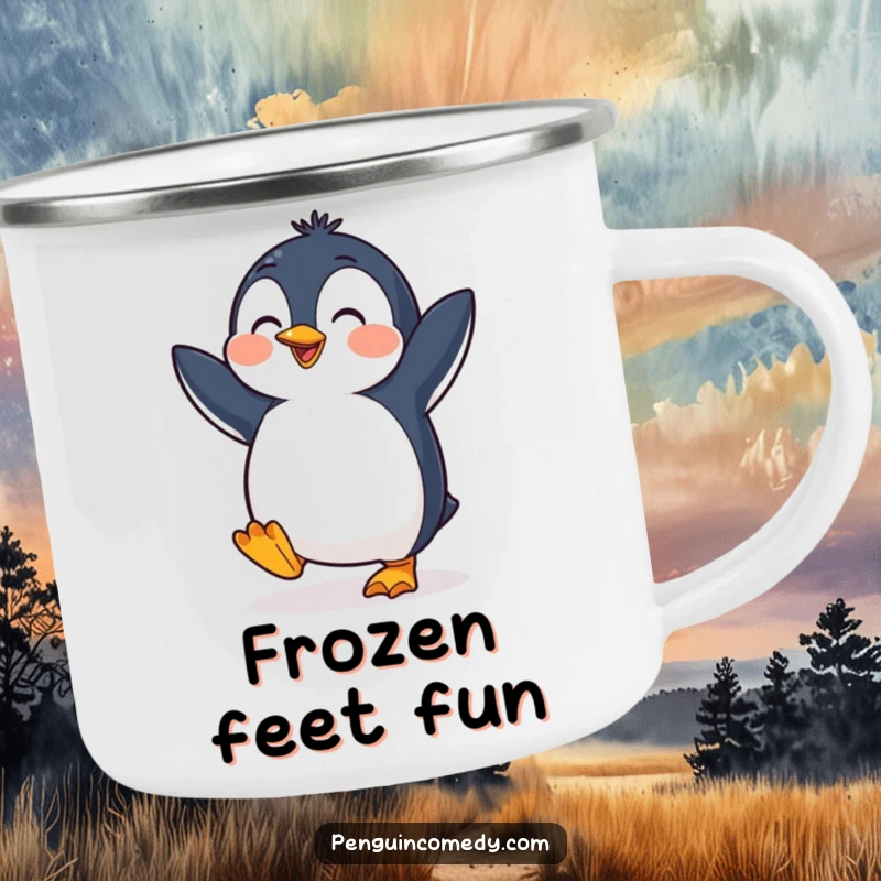 Funny penguin camping mug featuring a cheerful bird dancing, durable and ready for outdoor fun, inspiring happy vibes.