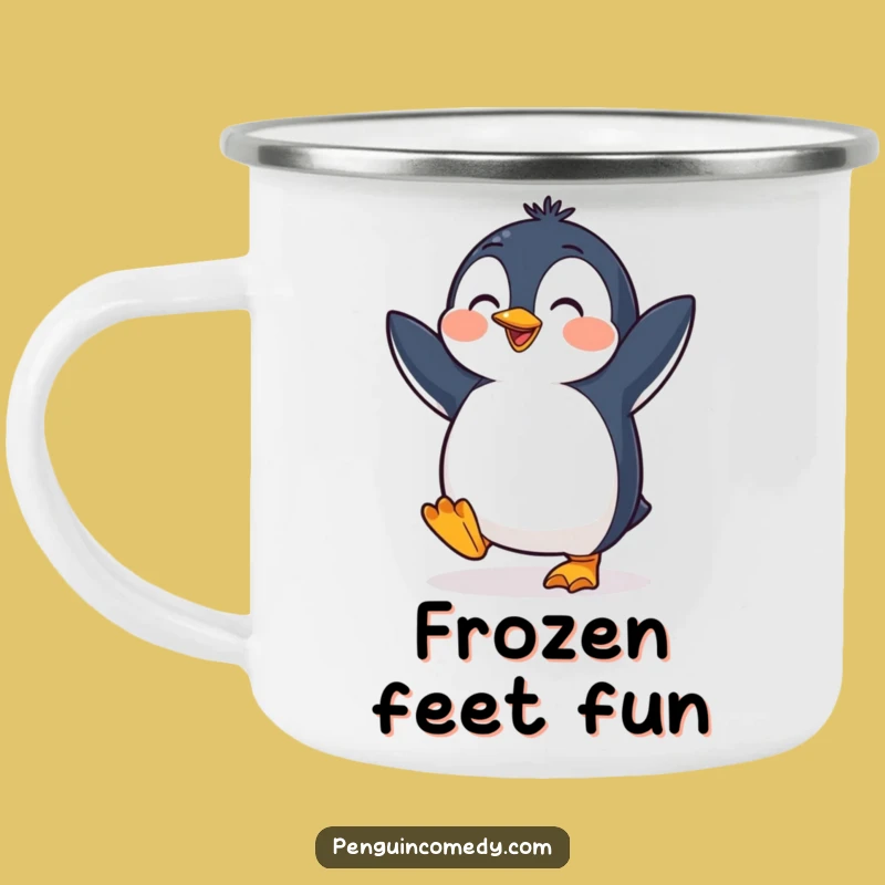 Funny Penguin Camping Mug: Cheerful Dancer, Durable Enamel Funny Gift