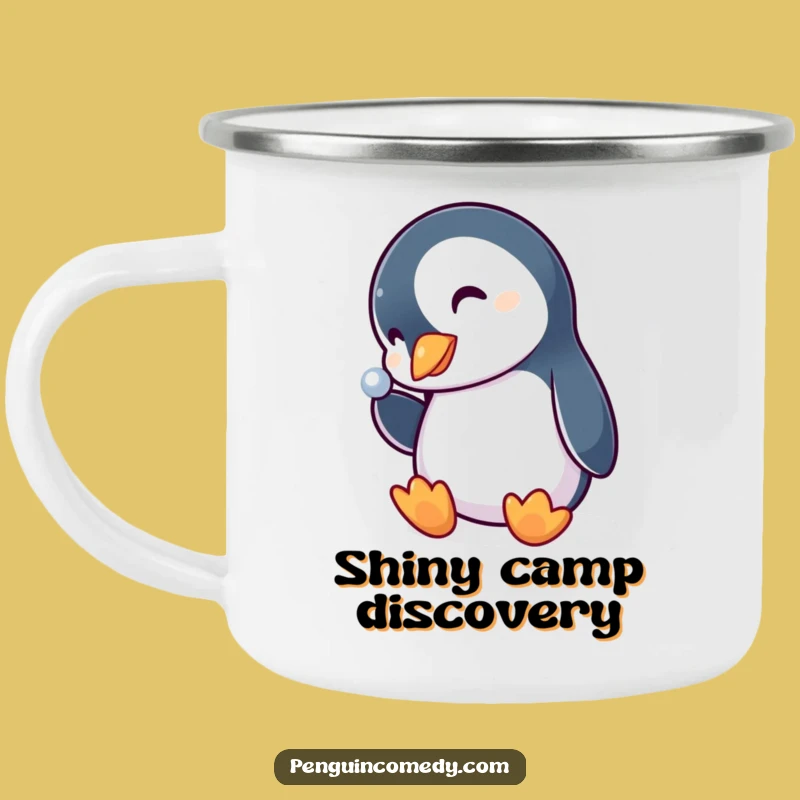 Funny Penguin Camping Mug: Curious Bird's Shiny Object Quest, Outdoor Humor