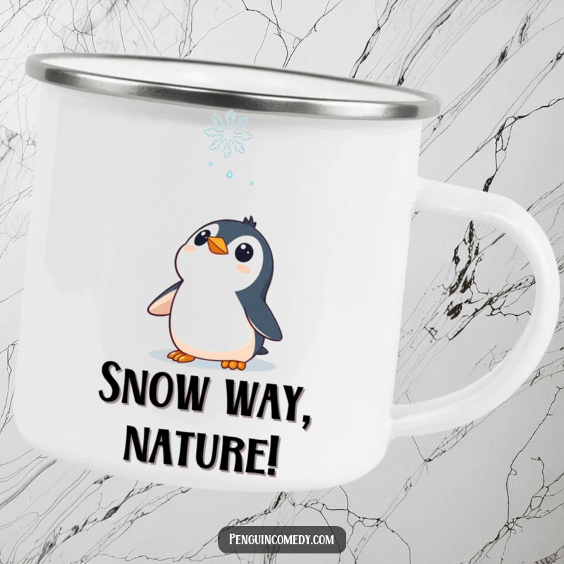 Funny Camping Mug: A curious penguin character looking up at a falling snowflake, perfect for cozy outdoor moments.