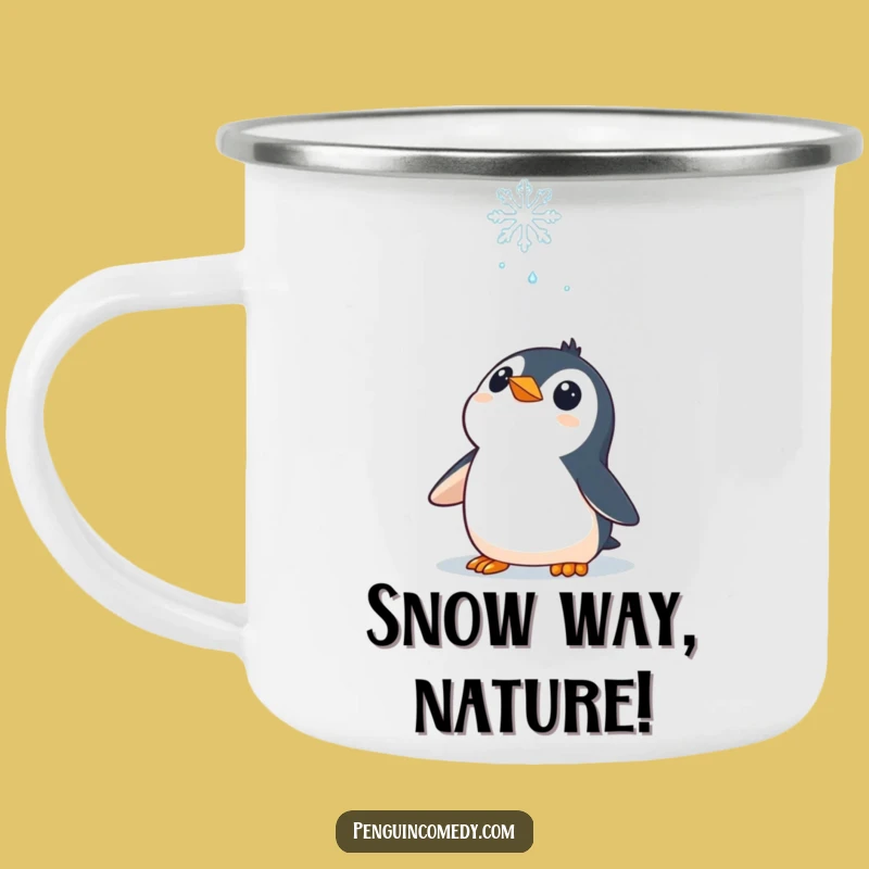 Funny Penguin Camping Mug: Curious Snowflake Moment, Perfect Rugged Winter Funny Gift!