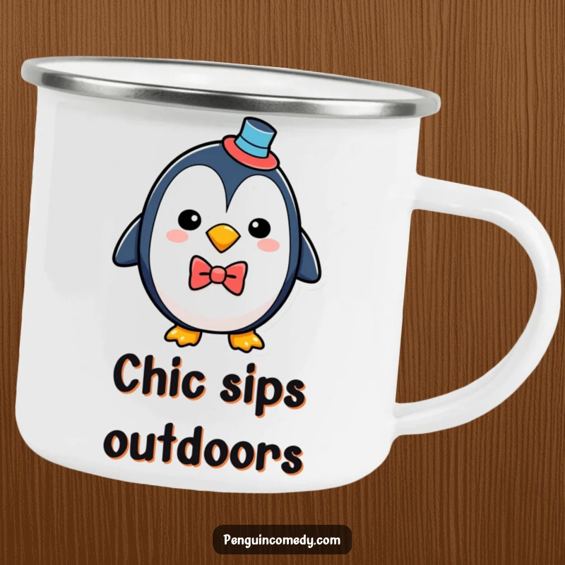 Funny penguin wearing a top hat and bowtie, depicted on a durable camping mug, ready for outdoor fun.