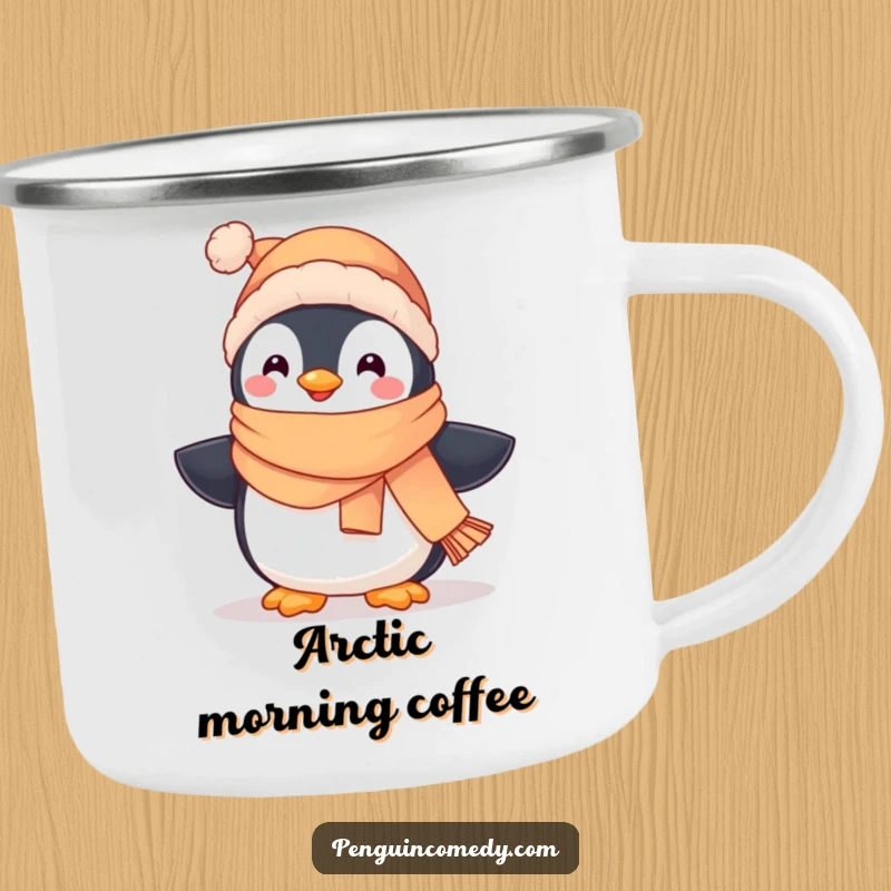 Funny enamel camping mug featuring a cute penguin in winter wear, waddling happily, suitable for outdoor use.