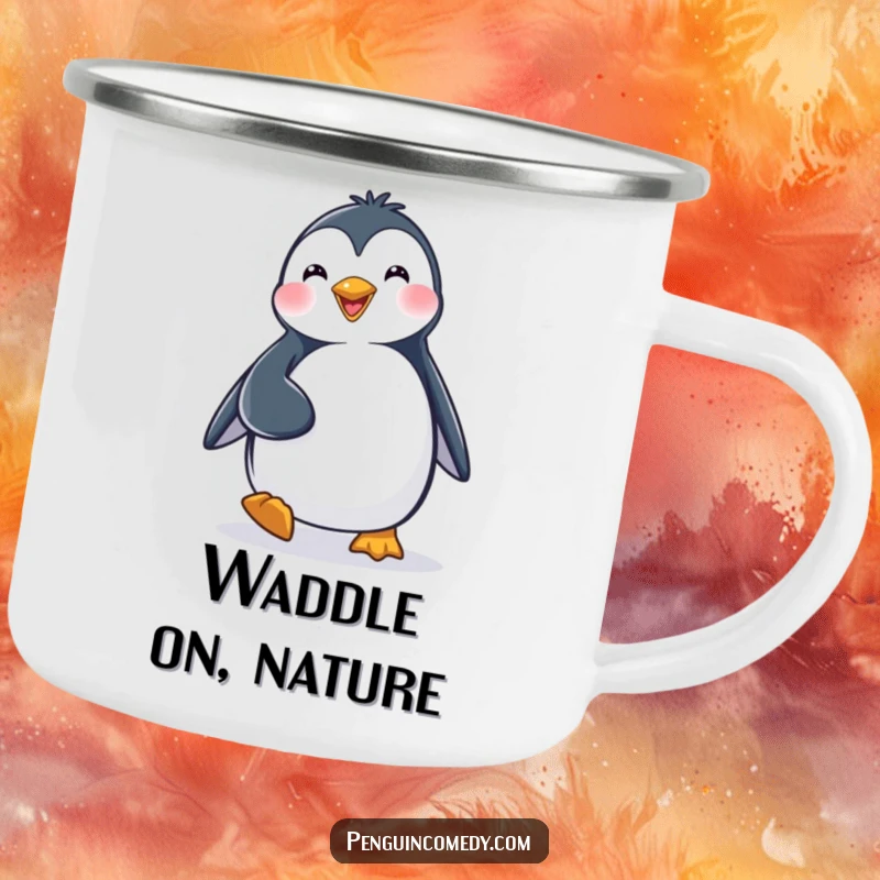 Funny Camping Mug: A happy penguin character waddling with a determined stride, perfect for outdoor excursions.