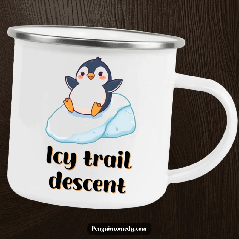 Funny Enamel Camping Mug featuring a cheerful penguin sliding down an icy hill, durable for outdoor use, an excellent funny gift for adventurers.