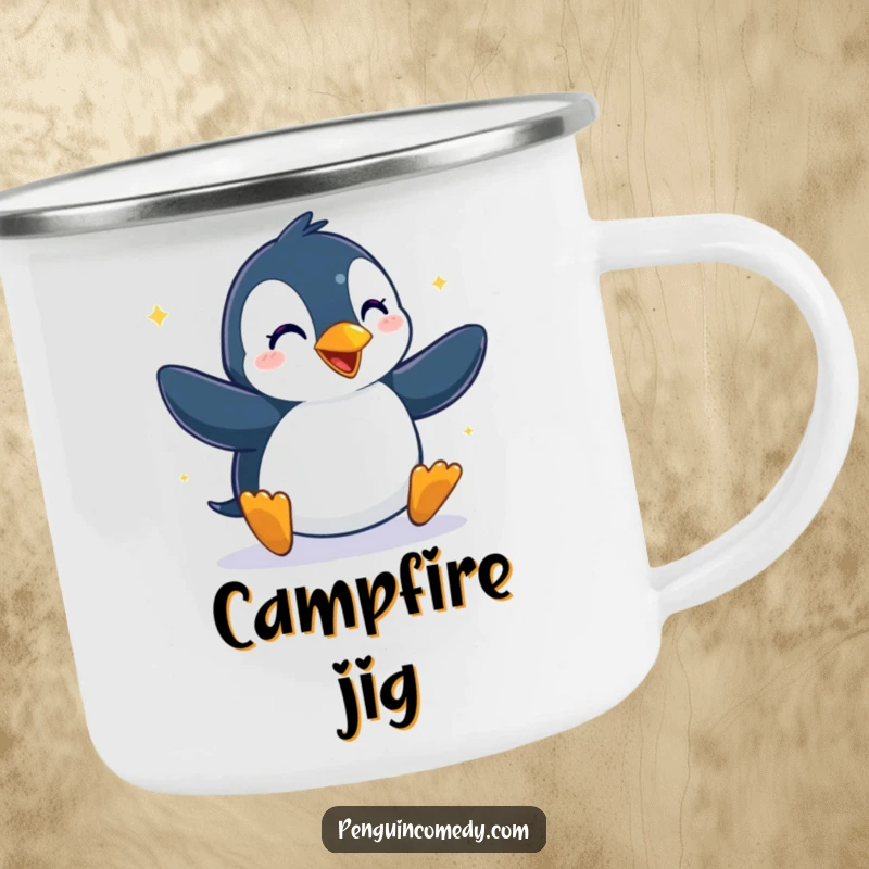 Funny camping mug with a penguin dancing with pure glee, perfect for sipping drinks around the campfire with a joyful vibe.