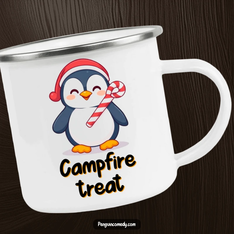 Funny camping mug with a smiling penguin holding a candy cane, perfect for winter beverages with a cheerful holiday vibe.