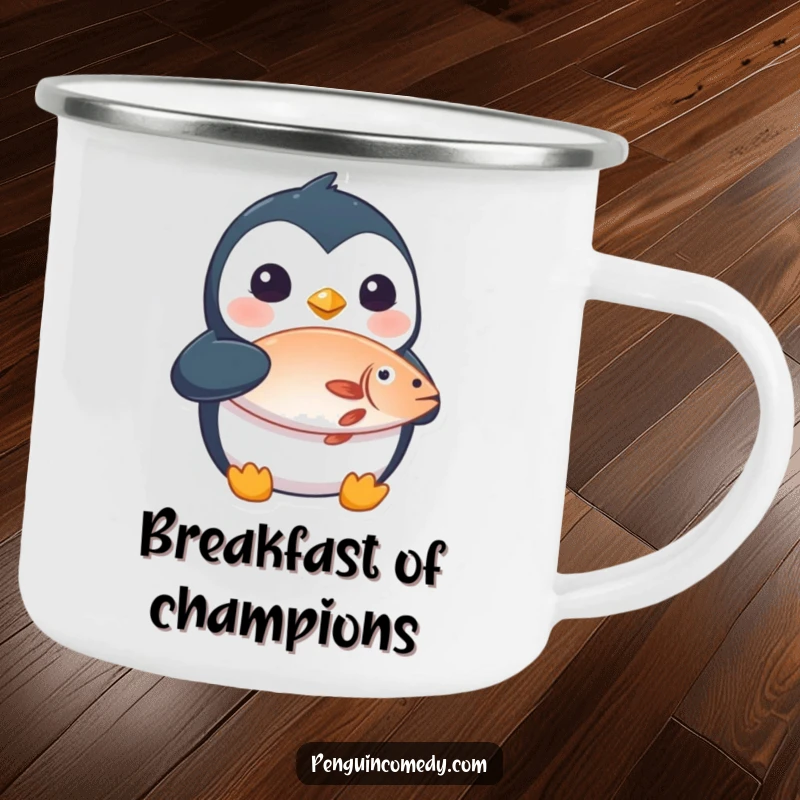 Funny camping mug depicting a surprised penguin holding a fish, durable and humorous for outdoor enjoyment.