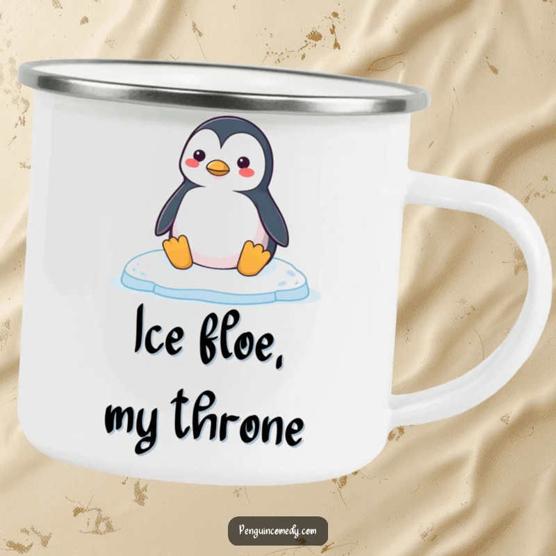 Funny Penguin Camping Mug: A happy penguin honking contentedly on a smooth ice floe, ideal for enjoying beverages during outdoor adventures.