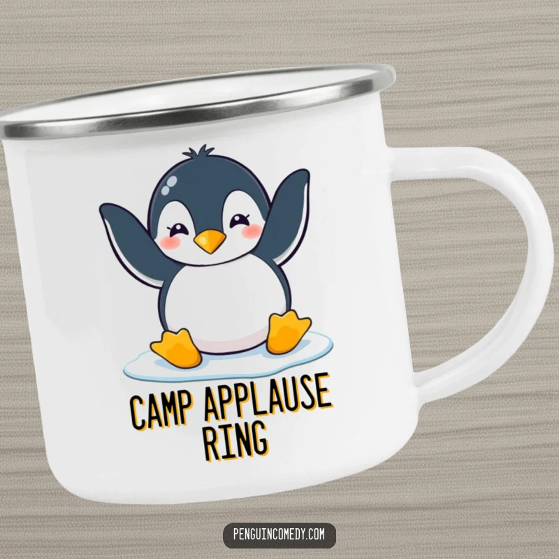 Funny penguin clapping playfully with flippers on ice, on a camping mug, perfect for a funny gift.