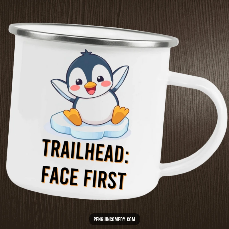 Funny camping mug featuring a penguin sliding headfirst on ice, perfect for enjoying drinks outdoors.