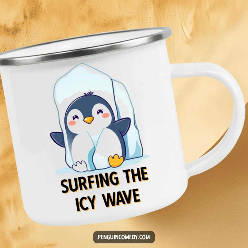 Funny and sturdy camping mug showing a grinning penguin peeking from behind an iceberg, ready for arctic adventures.