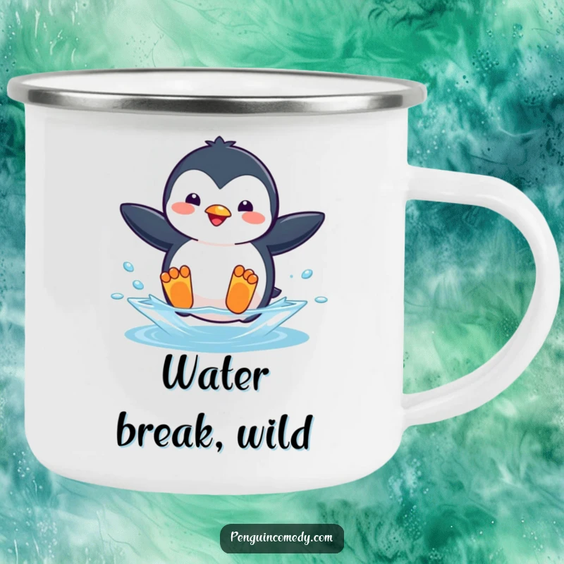 Funny camping mug with a playful penguin mid-jump, flippers extended, about to splash into water.