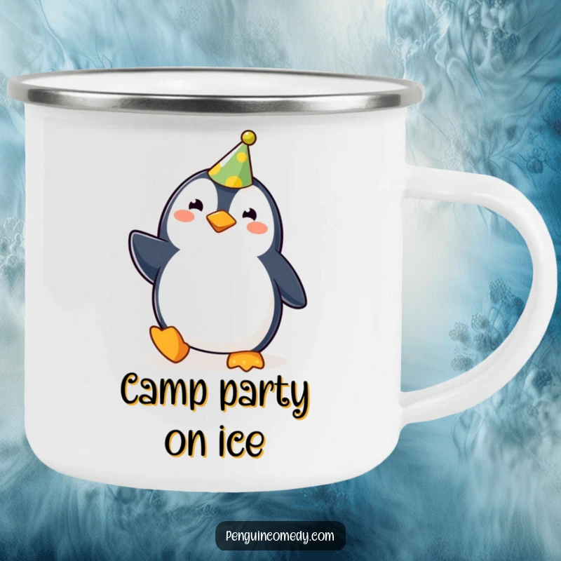 Funny cute penguin with a party hat, waddling joyfully, on a camping mug, perfect for a funny gift.