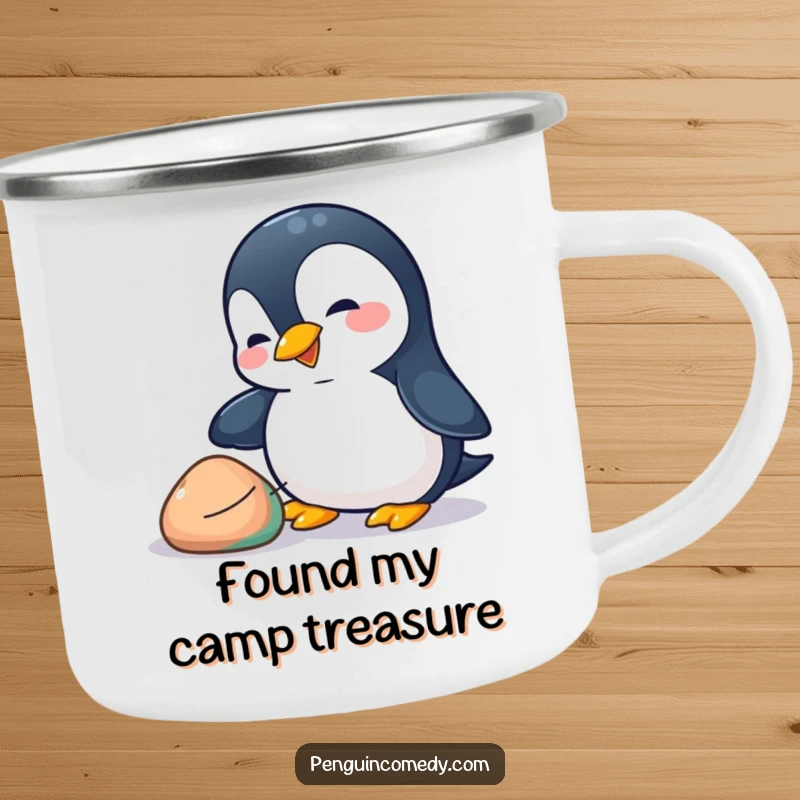 Funny penguin camping mug featuring a playful penguin nudging a colorful pebble with its beak, perfect for hot drinks on the go.