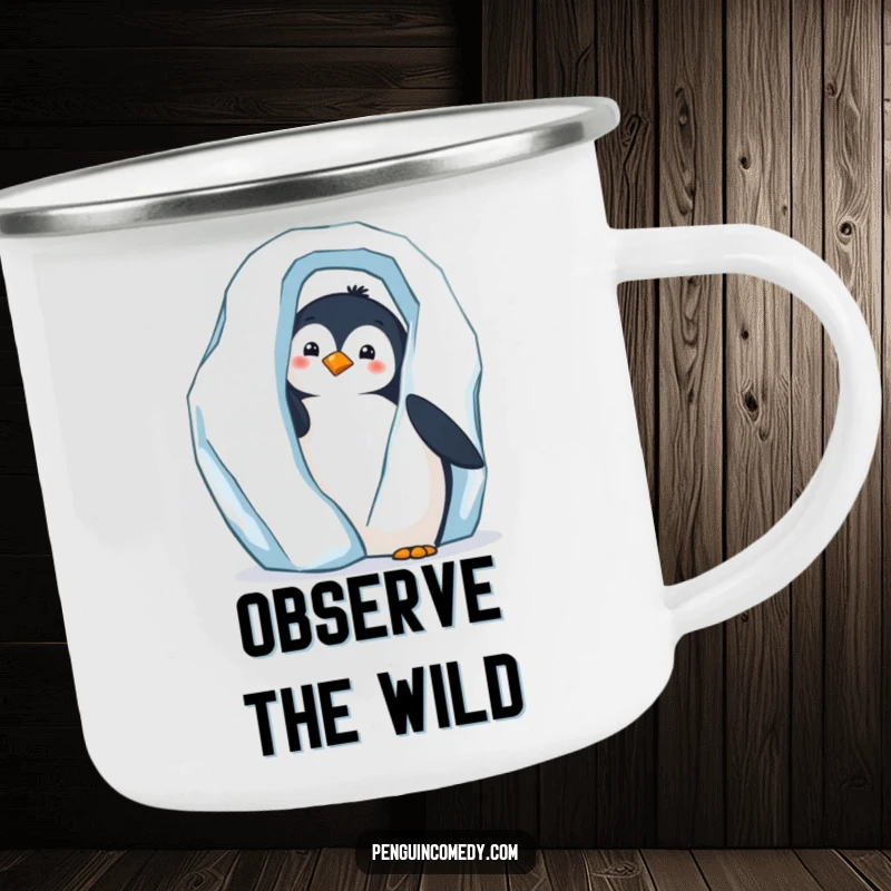 Funny camping mug showing a curious penguin peeking from behind a large iceberg, perfect for outdoor exploration.