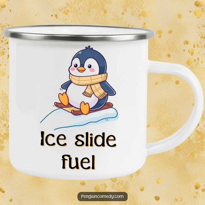 Funny camping mug showing a happy penguin in a scarf, sledding downhill with enthusiasm, ideal for travels.