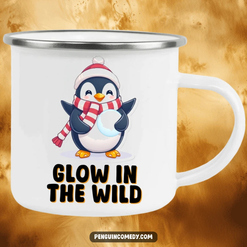 Funny Penguin Camping Mug featuring a festive penguin holding a glowing snowball, ready for outdoor adventures and a warm drink with winter magic.