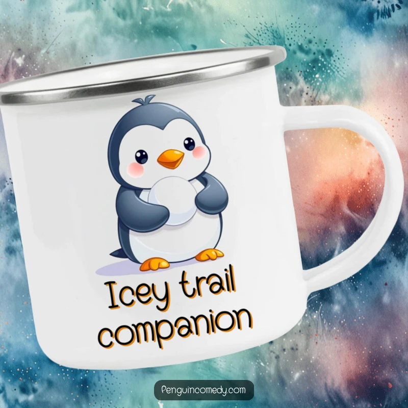 Funny camping mug featuring a penguin holding a tiny snowball, ideal for outdoor enthusiasts.