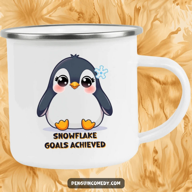 Funny Penguin Camping Mug: A charming penguin with innocent eyes watching a snowflake, ideal for enjoying warm drinks on winter adventures.