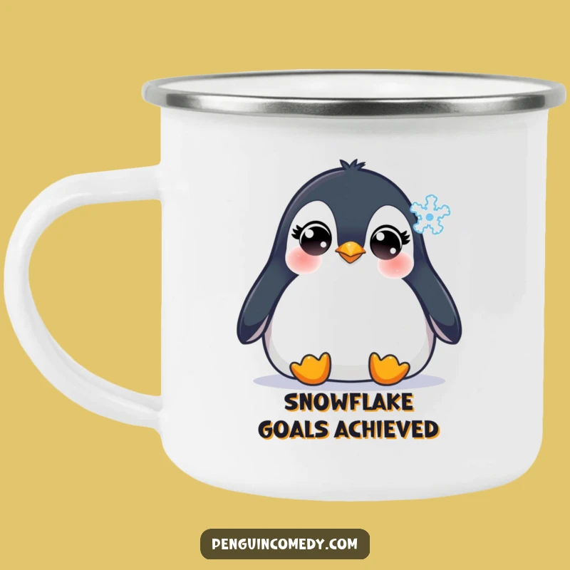 Funny Penguin Snowflake Camping Mug: Cozy Outdoor Sip with Innocent Eyes, Great Gift!