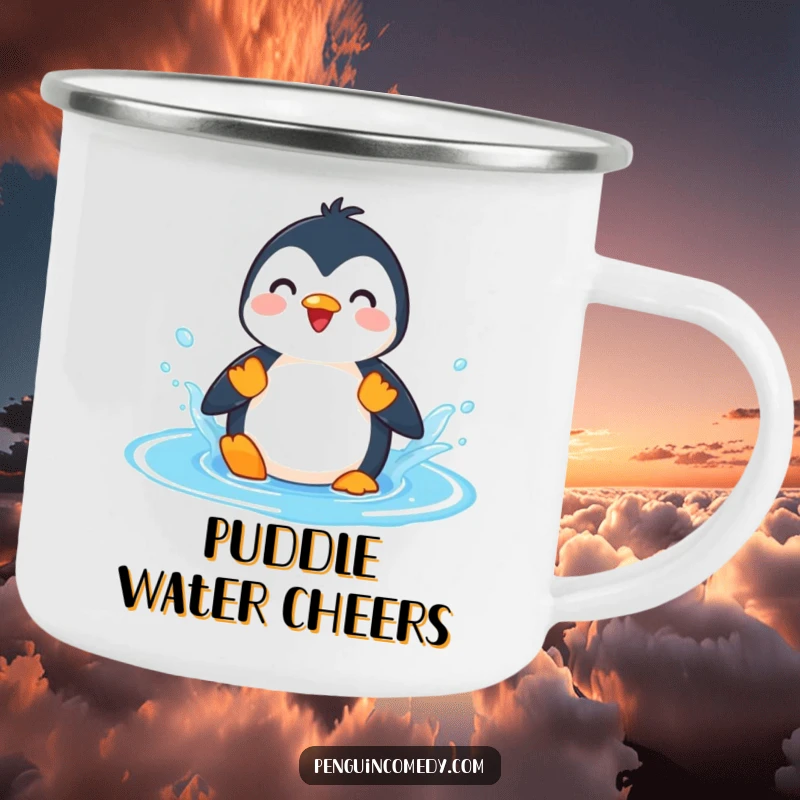 Funny Penguin Splashing Puddle Camping Mug, a durable mug with a playful penguin character splashing in a blue puddle, ideal for funny outdoor trips.