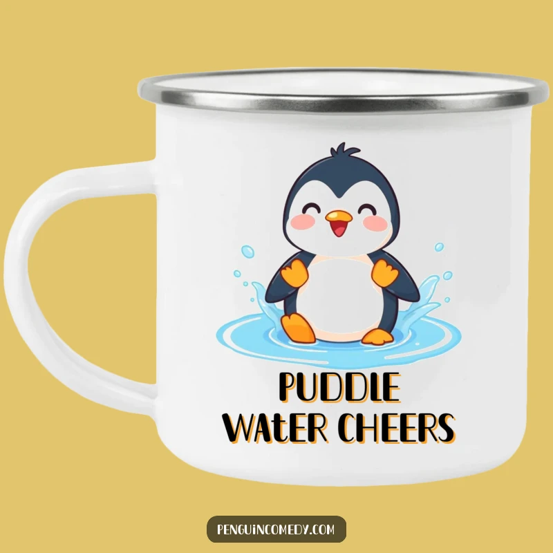 Funny Penguin Splashing Puddle Camping Mug - Durable & Hilarious Water Adventure Gear