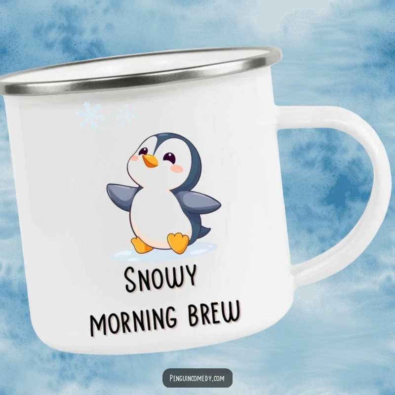 Funny Penguin Watching Snowflake Camping Mug, a durable mug with a penguin character gazing at a snowflake, ideal for funny winter outings.