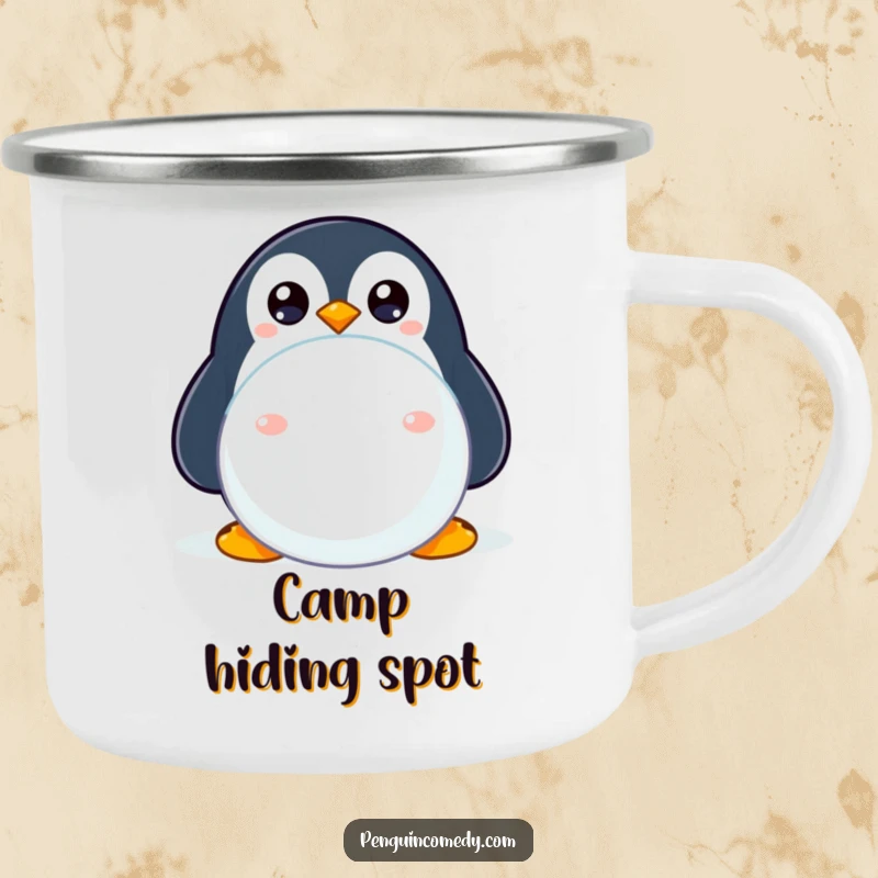 Funny camping mug depicting a shy penguin peeking from behind a snowball, perfect for enjoying drinks outdoors.