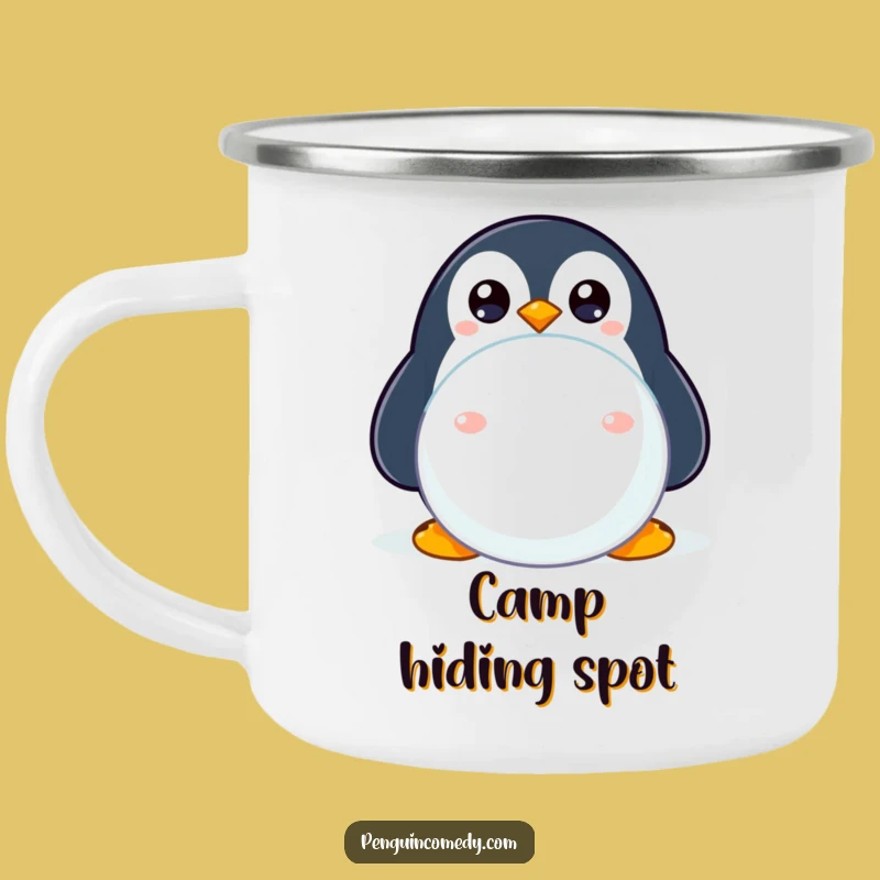 Funny Shy Penguin Camping Mug: Adventure with Caution