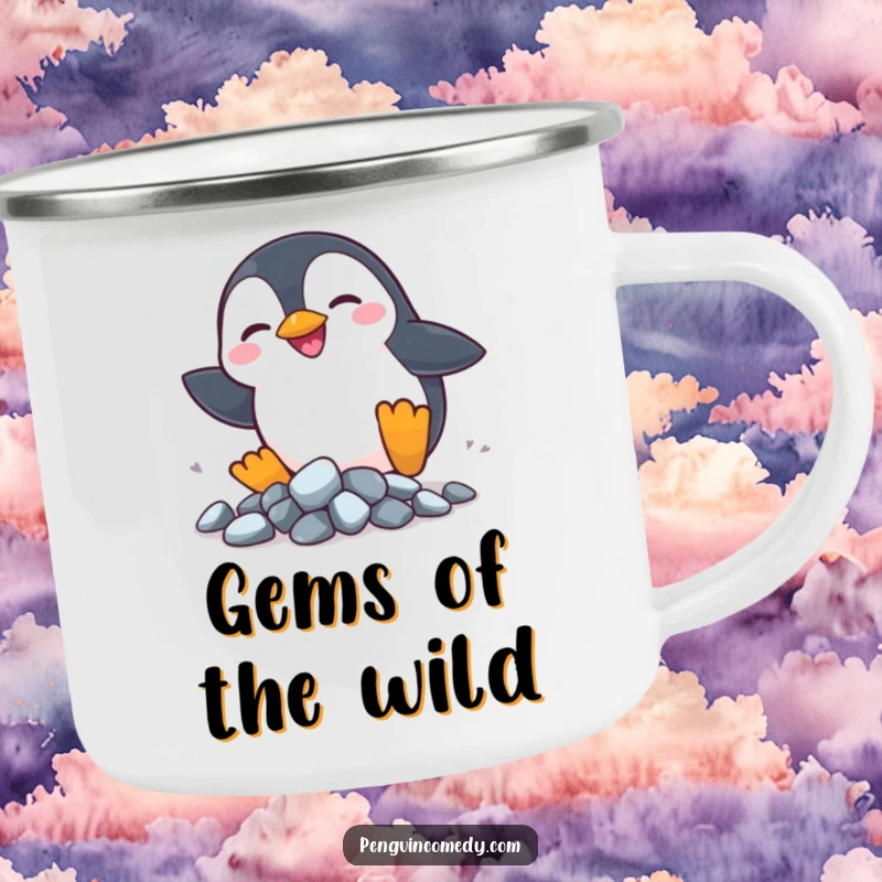 Funny Penguin Rocks Camping Mug: A silly penguin chases shiny rocks, perfect for playful outdoor adventures.
