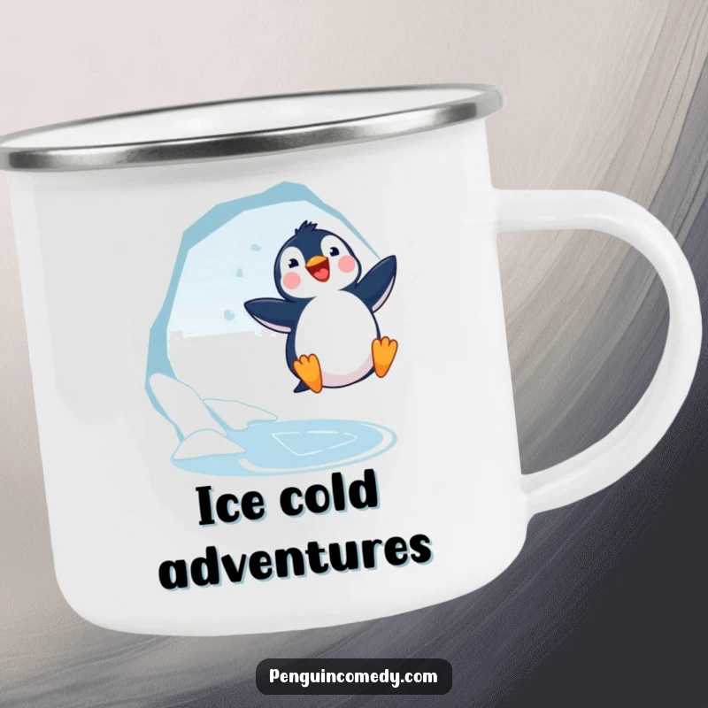 Funny Penguin Jumping Camping Mug: A joyful penguin leaps near an ice hole, perfect for arctic adventures.