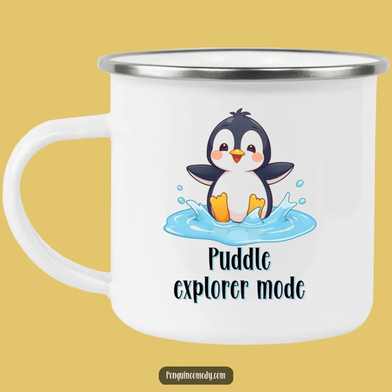 Funny Penguin Camping Mug: Playful Puddle Splash, Perfect Rugged Funny Gift!