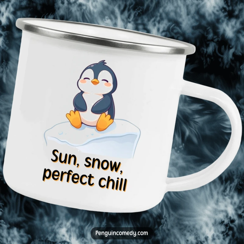 Funny penguin camping mug featuring a content penguin sunbathing on a snowy ledge, perfect for hot beverages during outdoor adventures.